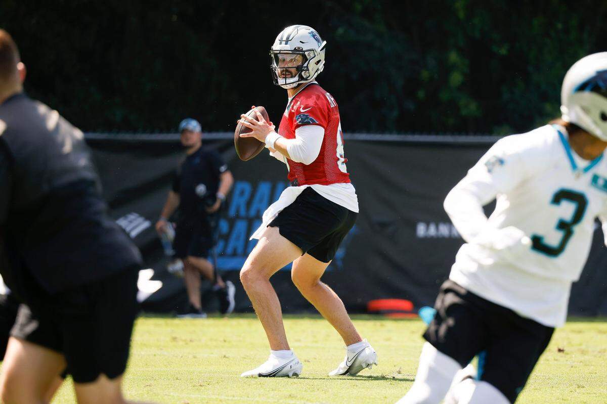 Carolina Panthers quarterback Baker Mayfield (6) passes the ball during the teams training camp practice at Wofford College in Spartanburg, S.C., Thursday, July 28, 2022.