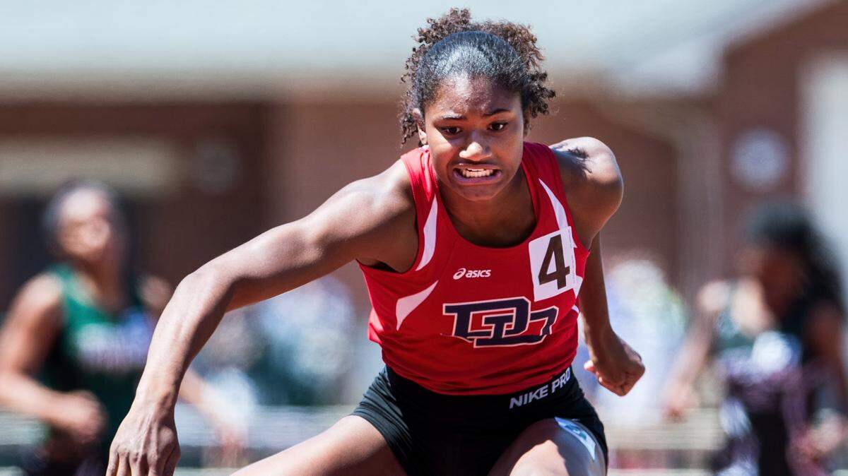 Providence Day sophomore Anna Cockrell completes in the 300 Meter Hurdle Final during the NCISAA 3A State Track and Field Championship at Ravenscroft High School in Raleigh, N.C., in 2014.
