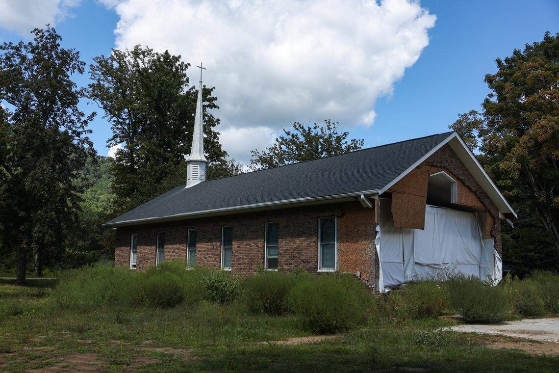 The back of Pensacola United Methodist Church still sits unfinished in September after damage from Helene last year.