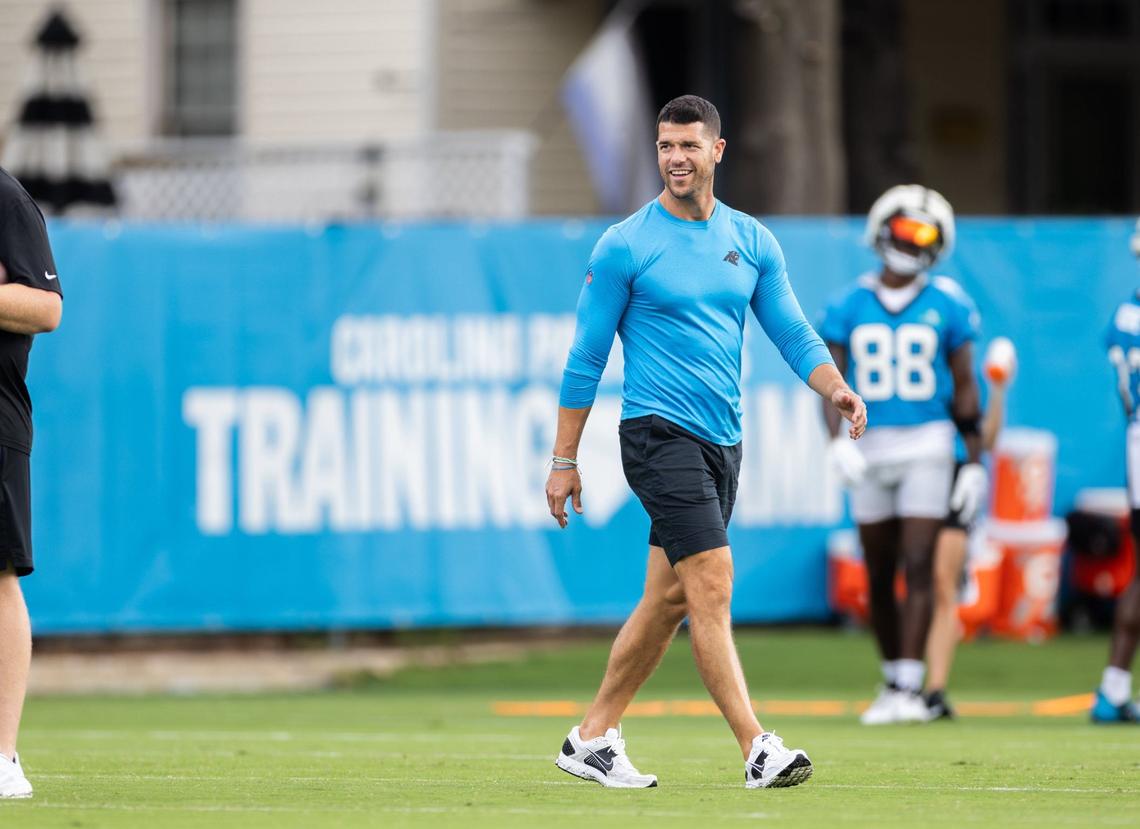 Carolina Panthers coach Dave Canales walks around during the Carolina Panthers Training Camp in Charlotte, N.C., on Monday, August 5, 2024.