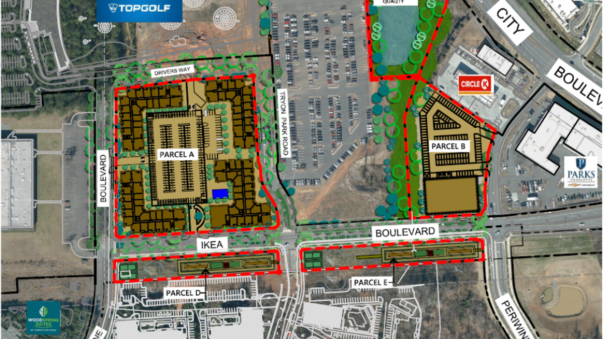 Cambridge Properties is seeking to rezone a roughly 15-acre site near Interstate 85 and University City Boulevard that would bring 350 apartments near Charlotte’s newest Topgolf location.