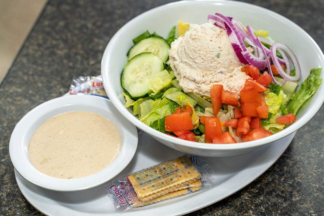 Chicken salad on a tossed salad with housemade blue cheese dressing.