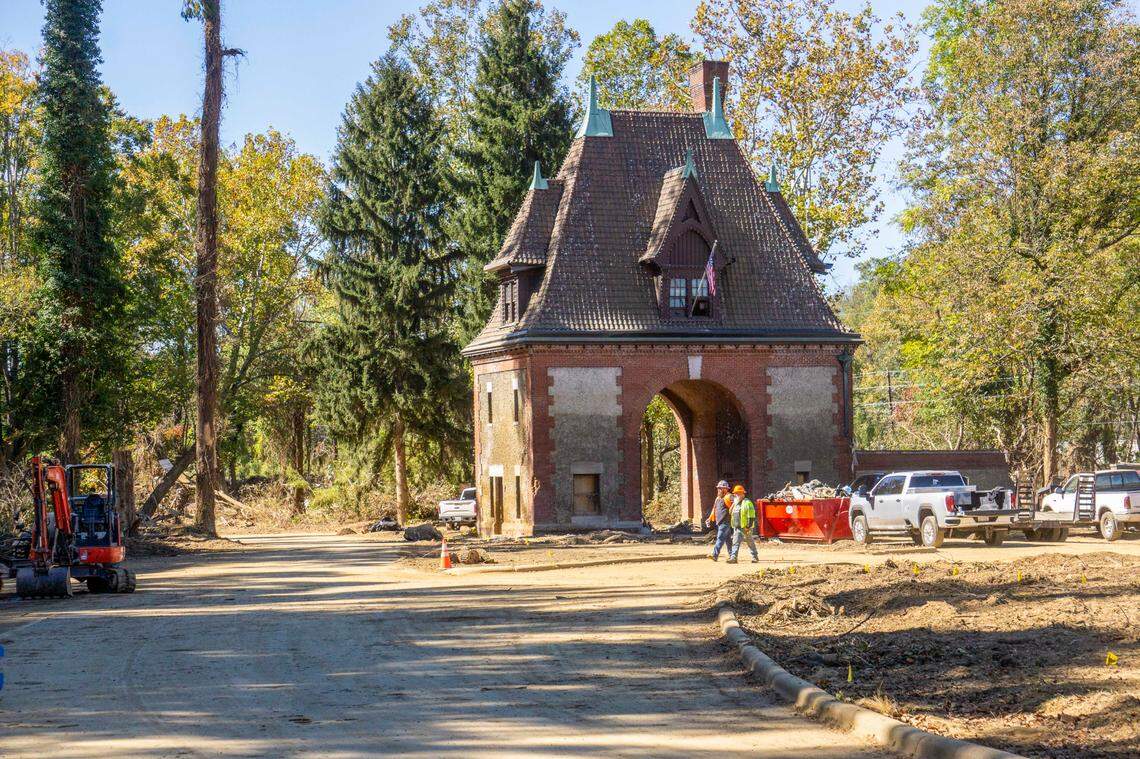 Crews working on storm recovery at Biltmore’s Lodge Gate.