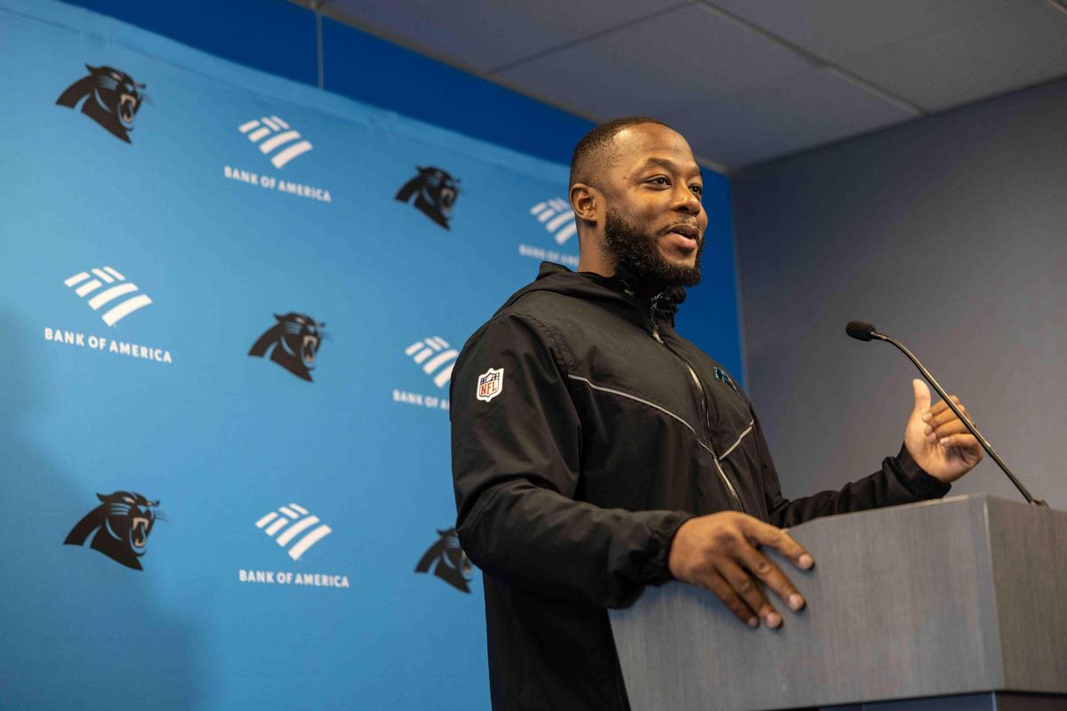 New Carolina Panthers offensive coordinator Thomas Brown speaks during a press conference in Charlotte, N.C., on Thursday, February 23, 2023.