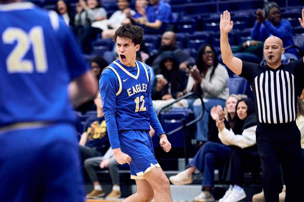 SouthLake Christian wing Iker Remesal (12) celebrates their three point shot in the second half of the 2025 Charlotte Latin Invitational Finals against Charlotte Catholic.