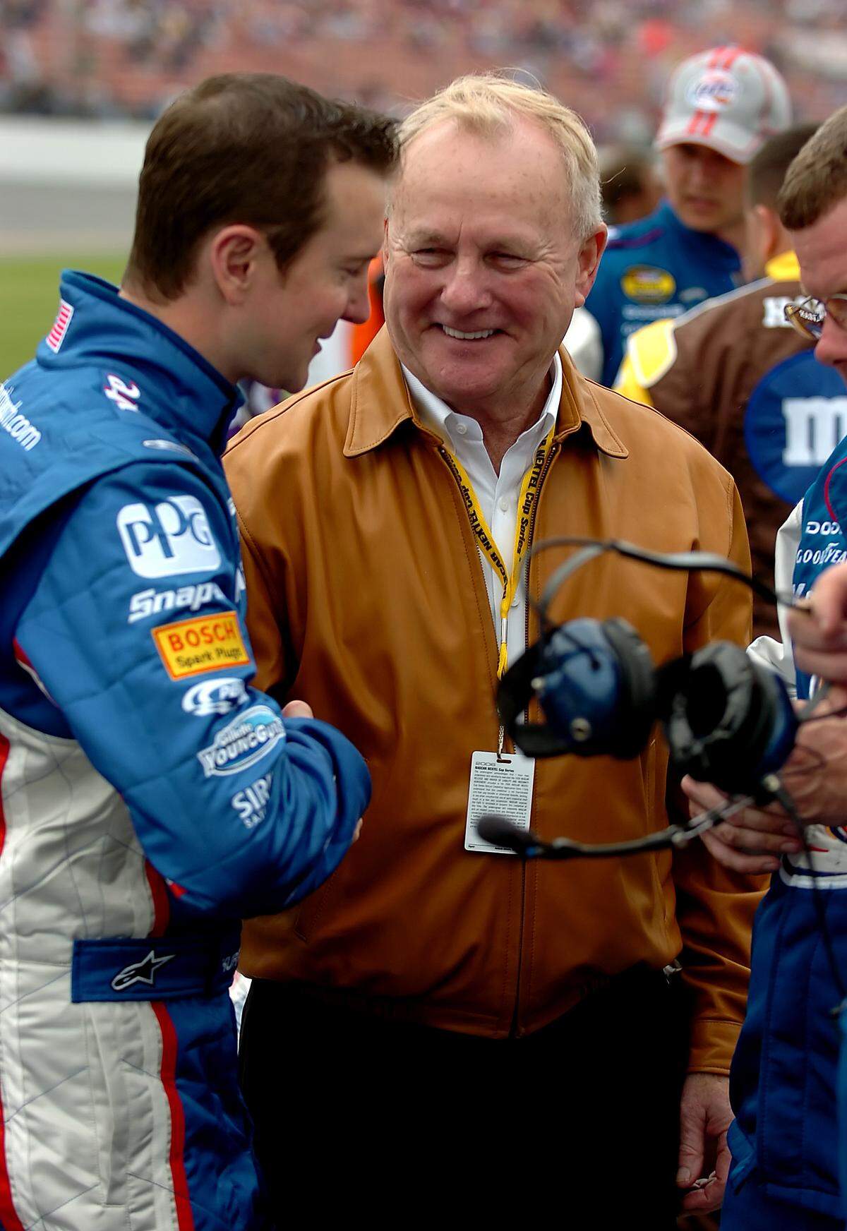 NASCAR driver Kurt Busch and Humpy Wheeler talk prior to the running of the first Gatorade Duel at Daytona International Speedway in 2006.