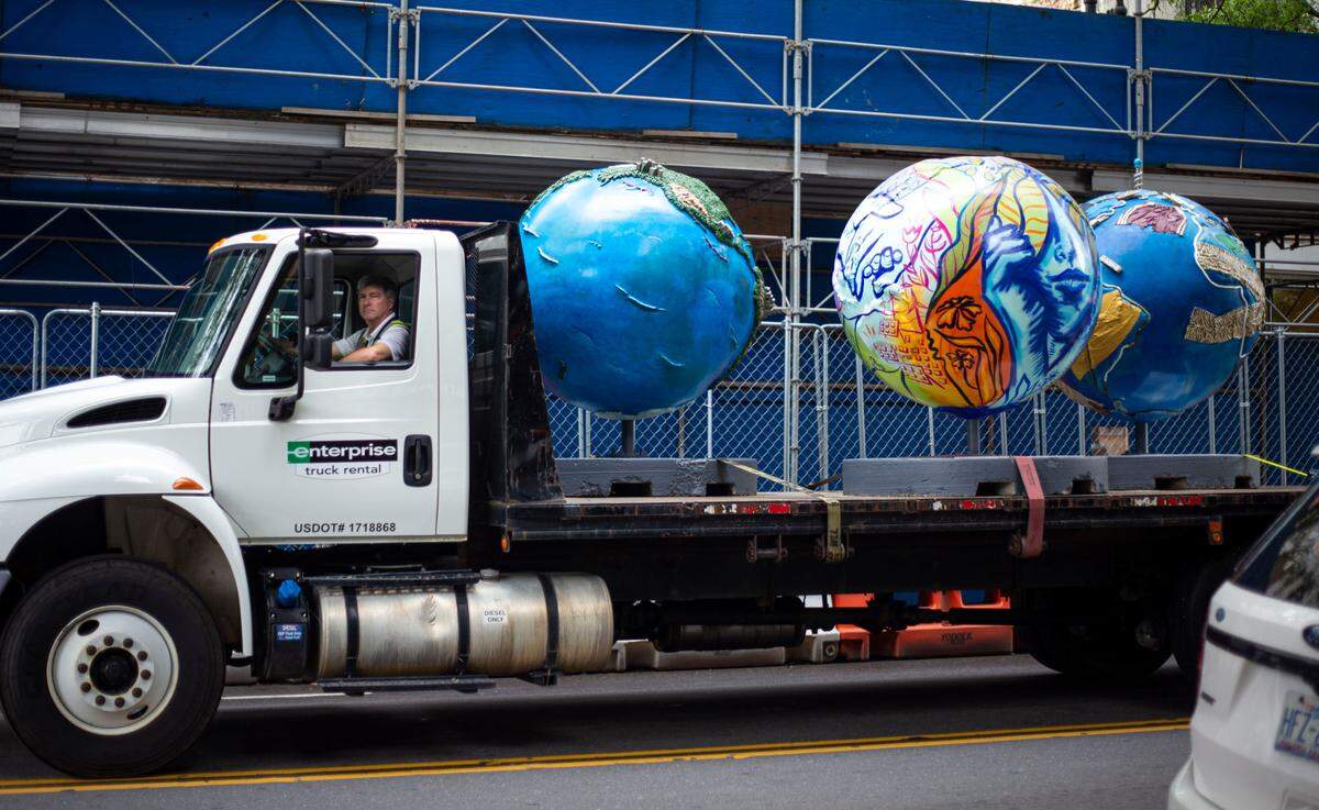 These globes were hauled from Camp North End to uptown where 31 globes were placed along Tryon Street between Trade and 11th streets. Four others are at Charlotte Douglas airport, the Whitewater Center, BB&T Ballpark, and Camp North End. Charlotte is the 23rd city to host “Cool Globes,” a traveling public art exhibition.