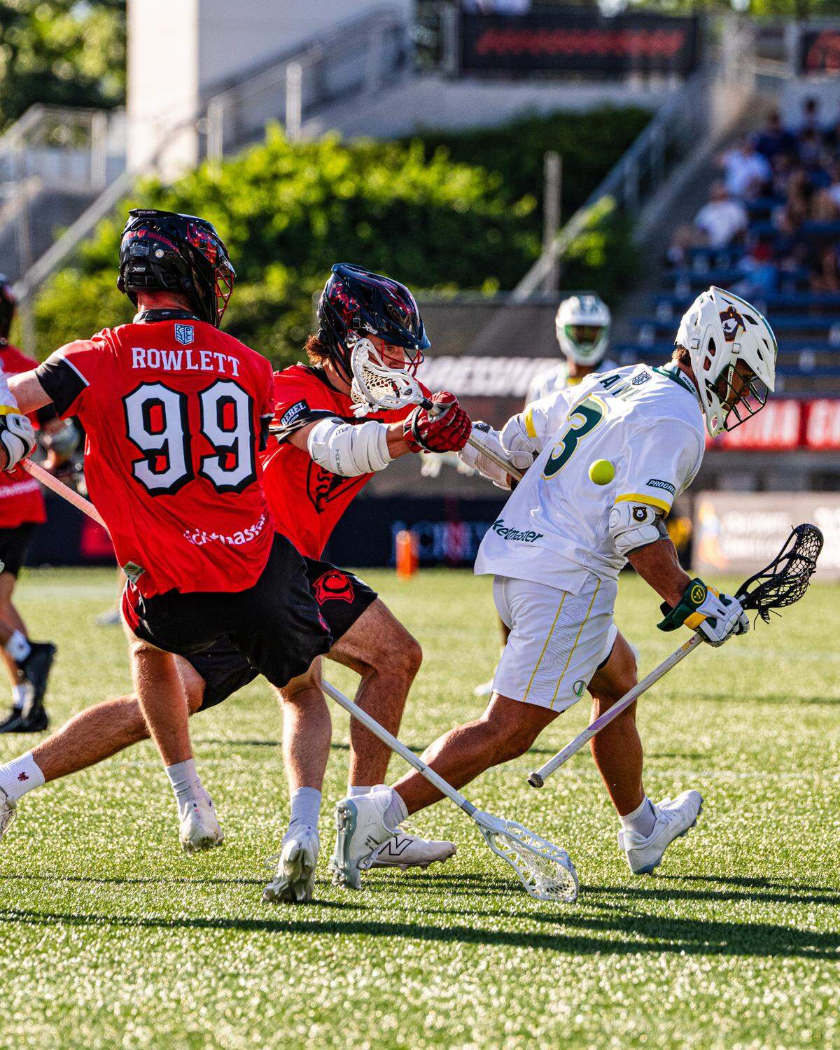 Carolina Chaos defenseman Jack Rowlett makes a play during the Premier Lacrosse League showcase in Charlotte, N.C., on June 7, 2024.