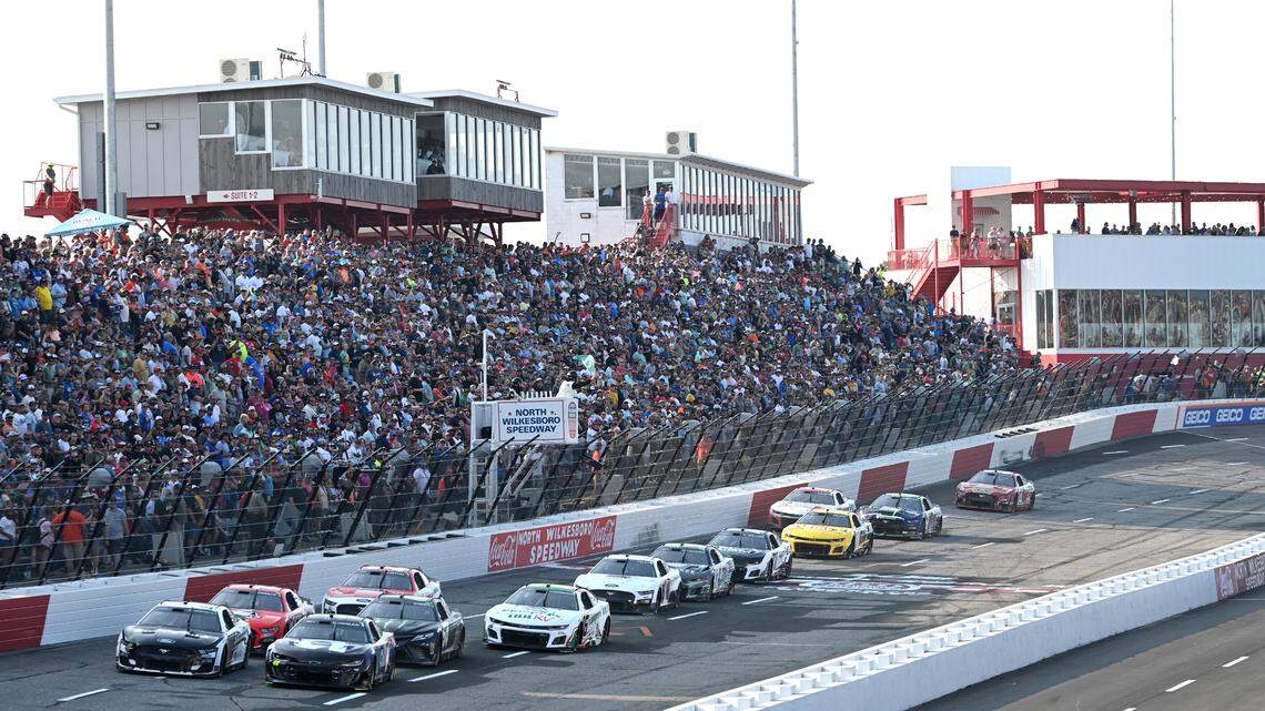 NASCAR drivers head into Turn 1 at North Wilkesboro Speedway during the All-Star Open race on Sunday, May 21, 2023. Josh Berry won the race.