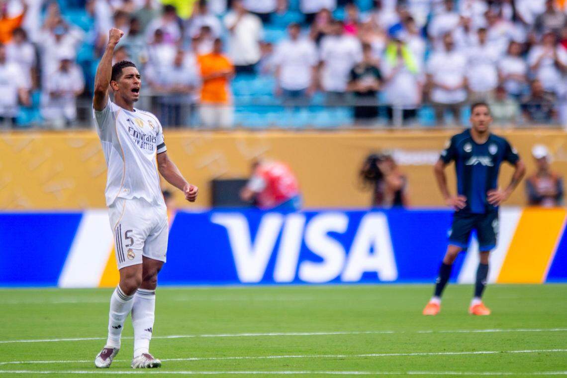 Jude Bellingham celebrates after scoring a goal during the FIFA Club World Cup game between Real Madrid and Pachuca in Charlotte, NC, Sunday, June 22, 2025.