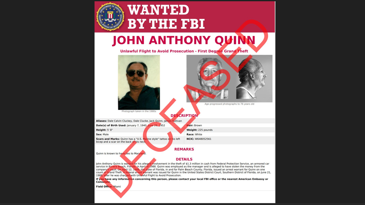It was only after John Anthony Quinn’s death in December that fingerprints linked his corpse to the robbery, according the FBI office in Charlotte.