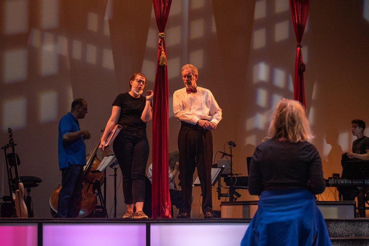 Cast and crew of Charlotte Squawks, an annual political satire, music, and comedy show, rehearses at the Stage Door Theatre Monday evening in Charlotte. Cast, crew, and the tech department coordinate blocking, lights, and set pieces before the rehearsal.