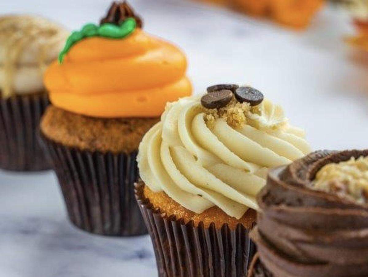 Seasonal cupcakes at Sunflour Bakery include French Toast, Pumpkin & Cream Cheese, Cookie Dough and German Chocolate.
