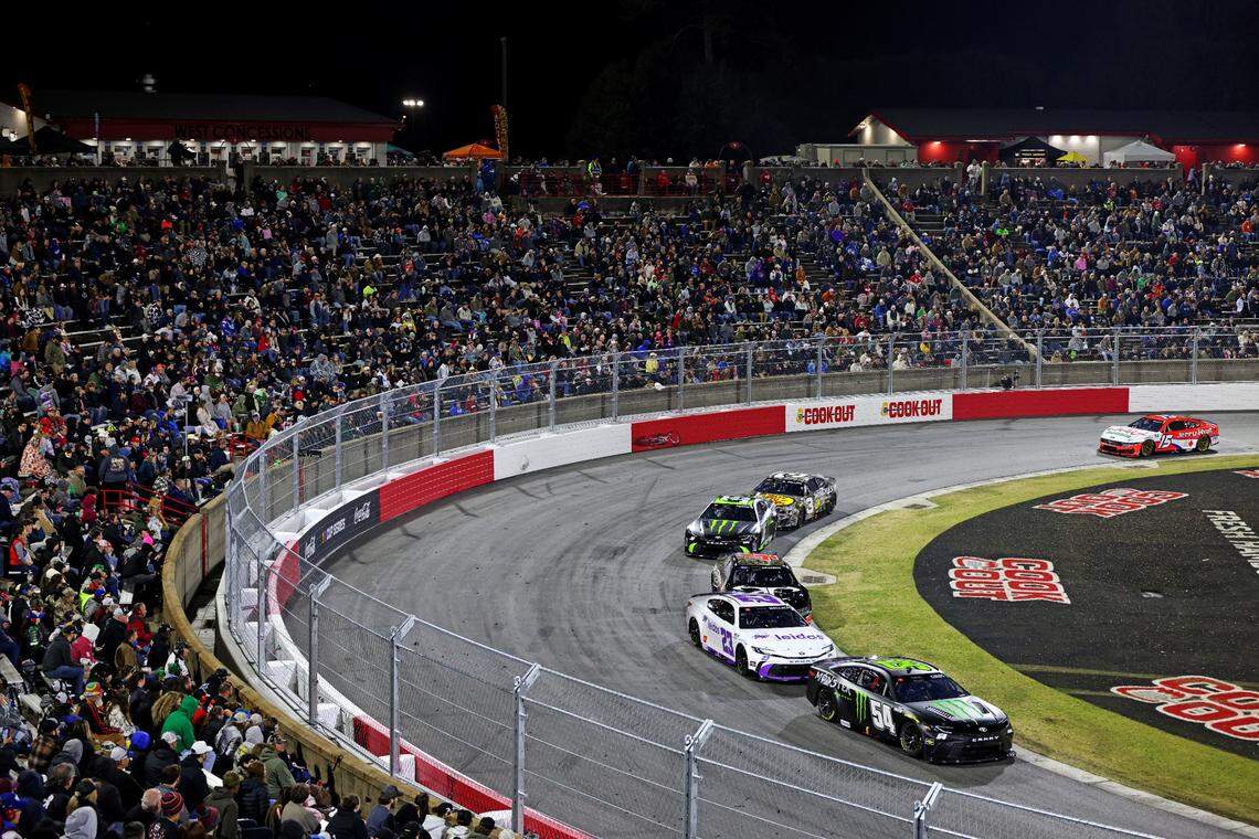 NASCAR Cup Series driver Ty Gibbs (54) leads NASCAR Cup Series driver Bubba Wallace (23) during festivities during the inaugural 2025 Clash at Bowman Gray in Winston-Salem.