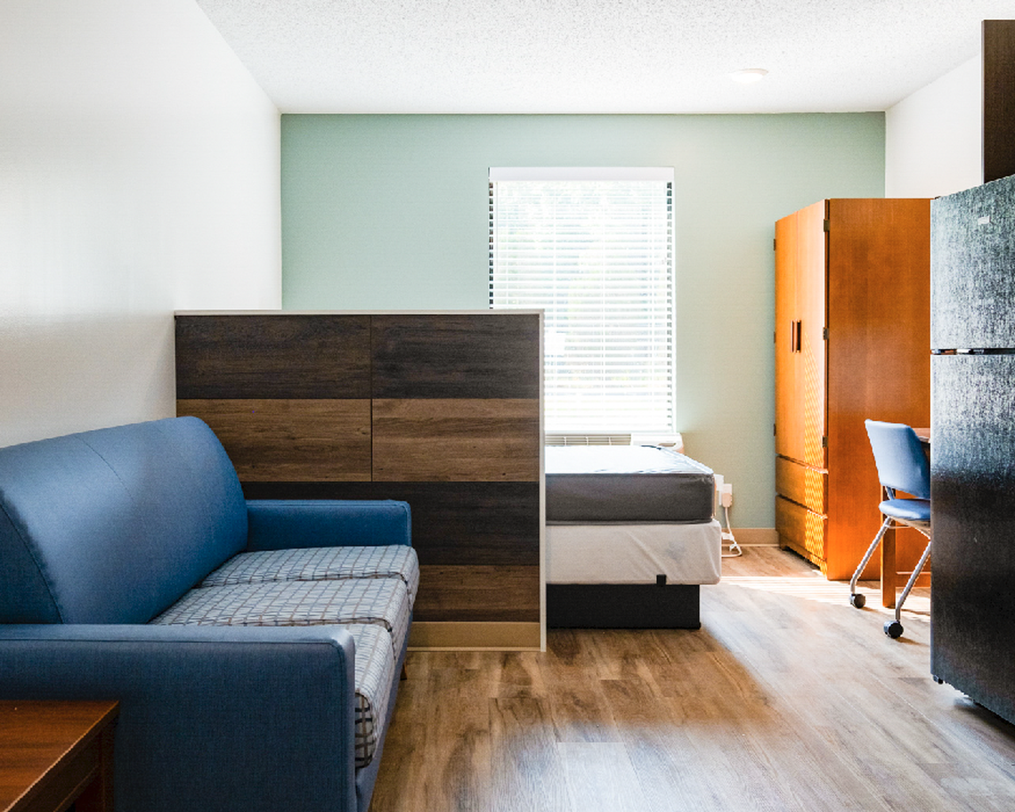 The interior of one of the 88 apartments at SECU The Rise on Clanton in Charlotte, NC. The Rise once was a Quality Inn hotel.