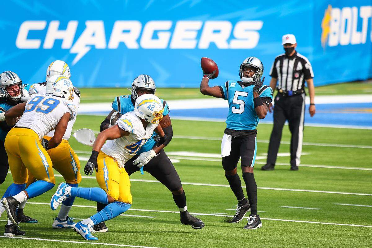 Carolina Panthers quarterback Teddy Bridgewater (5) credited two team meetings during the week as being instrumental in the squad’s win over the L.A. Chargers.