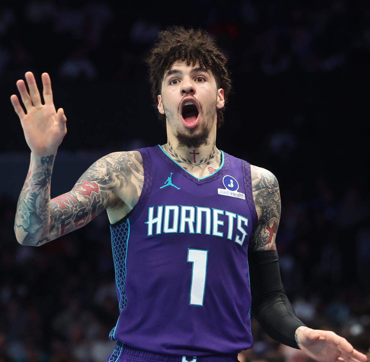 Charlotte Hornets guard LaMelo Ball reacts to being called for a foul during action against the New York Knicks on Nov. 26, 2025, at Spectrum Center. The Knicks defeated the Hornets 129-101. 