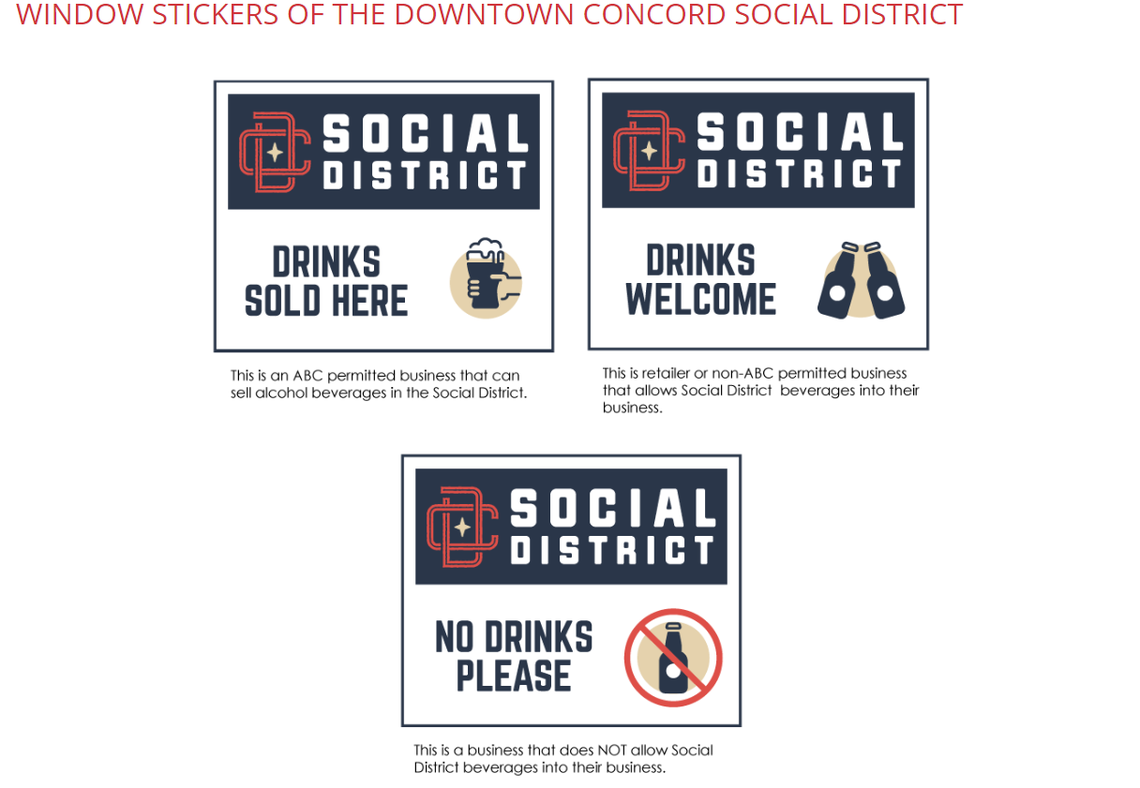 Window stickers for participating businesses in Concord’s social district.