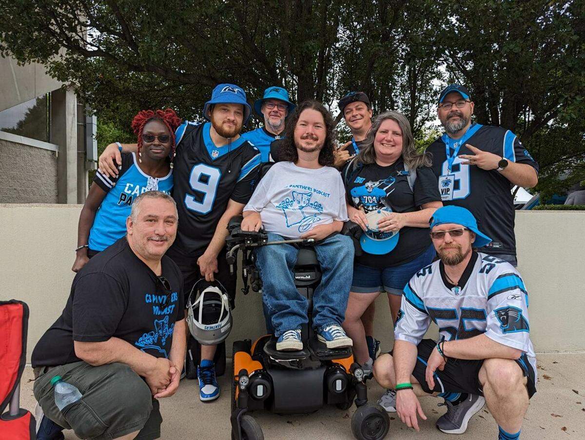 Fans of the C3 Panthers podcast pose for a photo at Gibbs Stadium in Spartanburg on Saturday, July 29, 2023.