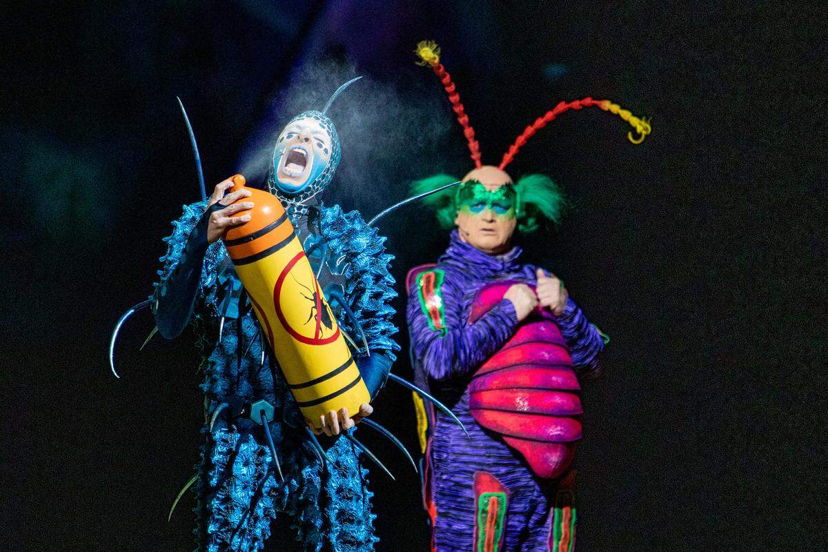 Performers dressed as insects clown around during a break in the action in Cirque du Soleil’s “OVO.”