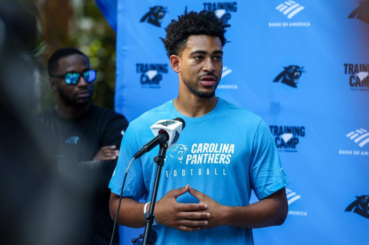Panthers rookie quarterback Bryce Young speaks to the media on Tuesday at Wofford College in Spartanburg. The team’s first full training-camp practice is Wednesday.