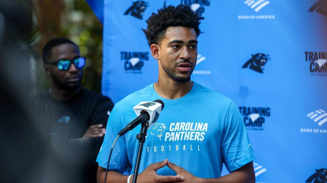 Panthers rookie quarterback Bryce Young speaks to the media on Tuesday at Wofford College in Spartanburg. The team’s first full training-camp practice is Wednesday.