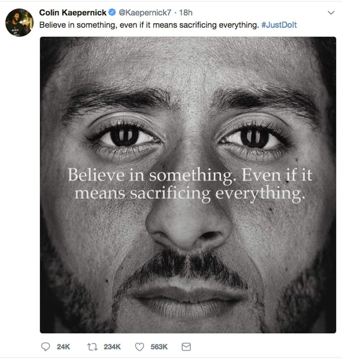 This image taken from the Twitter account of the former NFL player Colin Kaepernick shows a Nike advertisement featuring him that was posted Monday. Kaepernick has a multi-year deal to make him one of the faces of Nike’s 30th anniversary “Just Do It” campaign, according to a person familiar with the contract , but not an NFL deal.