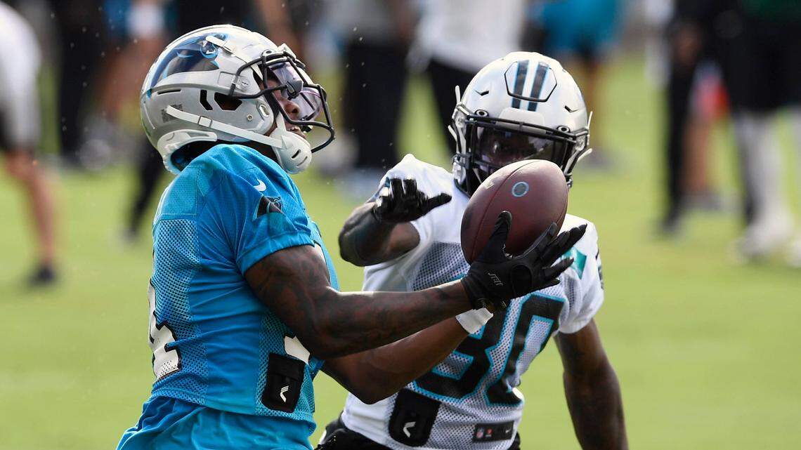 Carolina Panthers wide receiver Pharoh Cooper (14) makes a reception past cornerback Natrell Jamerson (30) during Carolina Panthers Training Camp at the team’s training facility on Sunday, August 16, 2020.