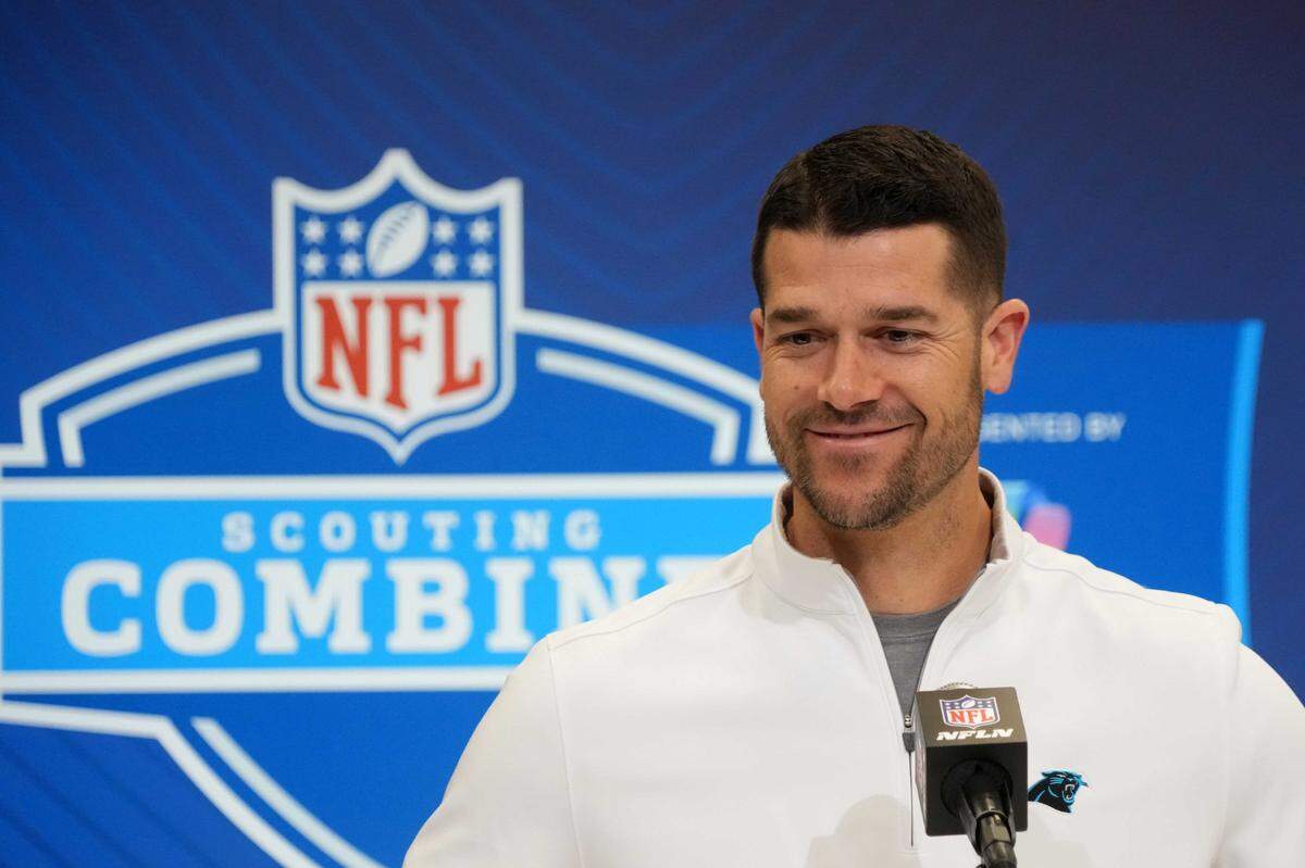 Carolina Panthers coach Dave Canales speaks during the NFL Scouting Combine at the Indiana Convention Center. 