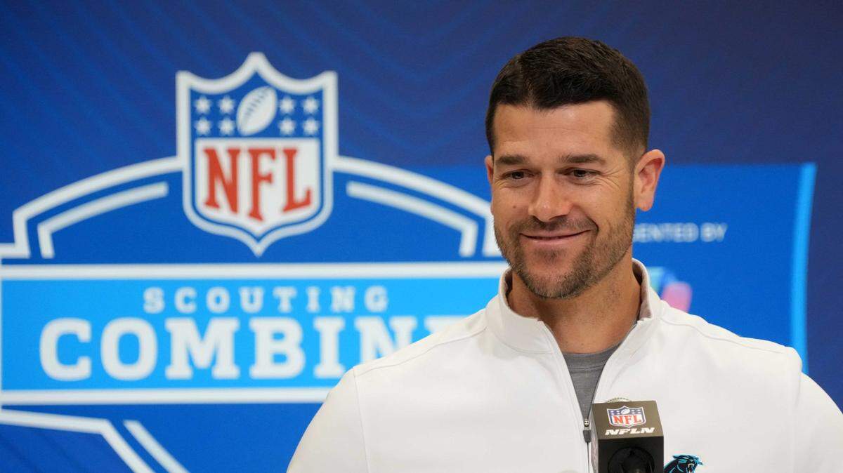 Feb 25, 2025; Indianapolis, IN, USA; Carolina Panthers coach Dave Canales speaks during the NFL Scouting Combine at the Indiana Convention Center. Mandatory Credit: Kirby Lee-Imagn Images