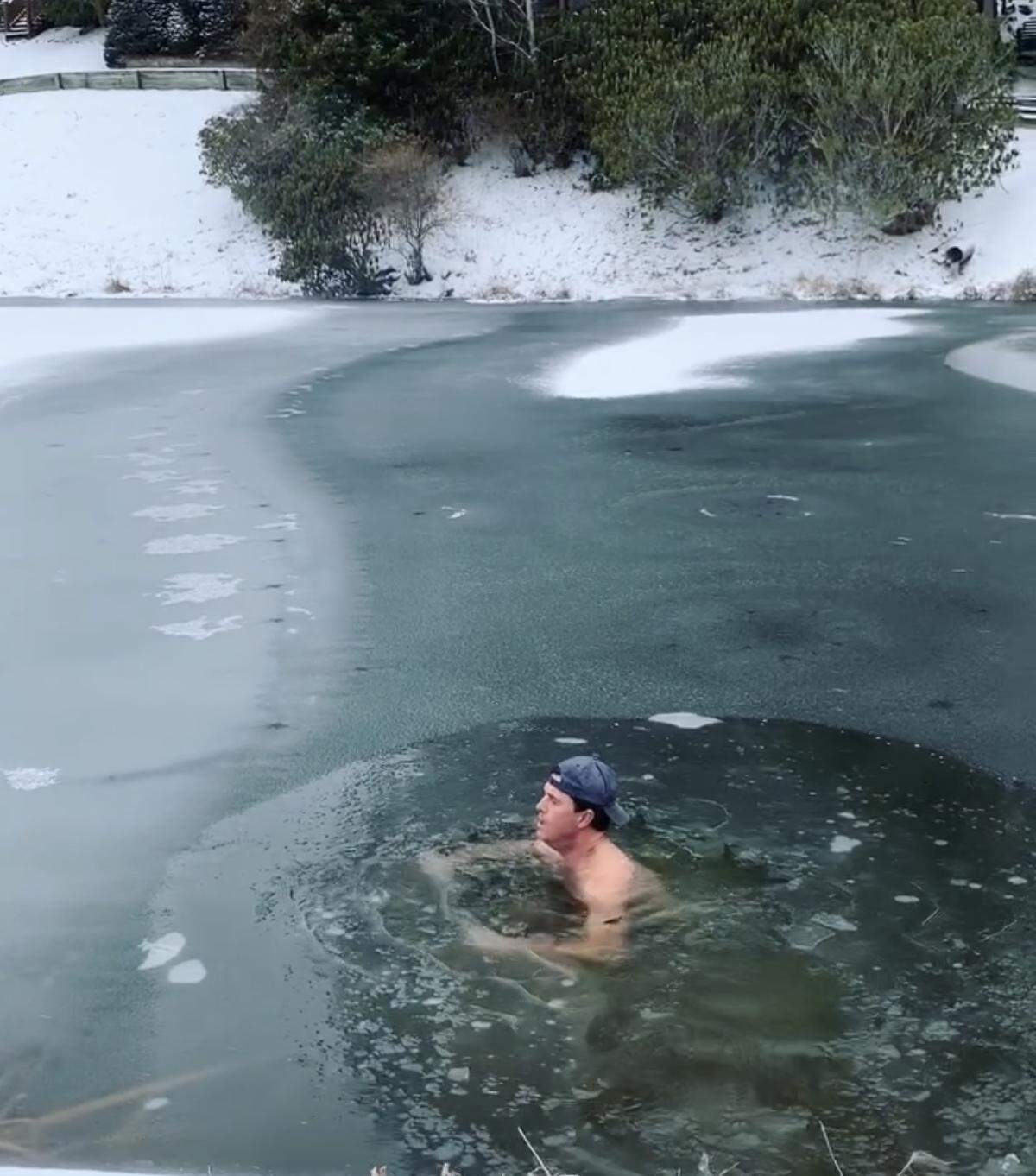 Robbie Shaw in the middle of a cold plunge. “To imagine getting out of your warm bed and going into something that cold is brutal,” he says. “But therein lies the intentional suffering that has the greater reward on the back end.”