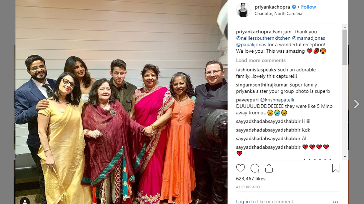 Screenshot of Priyanka Copra Instagram post of family gathering in Belmont outside Charlotte.