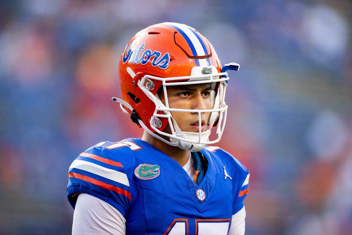 Sep 9, 2023; Gainesville, Florida, USA; Florida Gators quarterback Max Brown (17) participates in a drill before the game against the McNeese State Cowboys at Ben Hill Griffin Stadium.