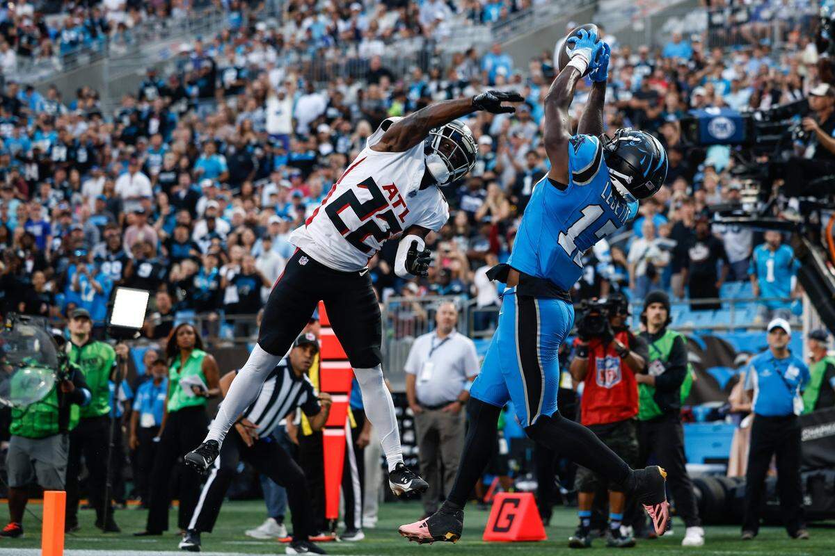 Panthers wide receiver Xavier Legette catches a pass for a touchdown during the game against the Falcons at Bank of America Stadium in Charlotte, NC on Sunday, Oct. 13, 2024.