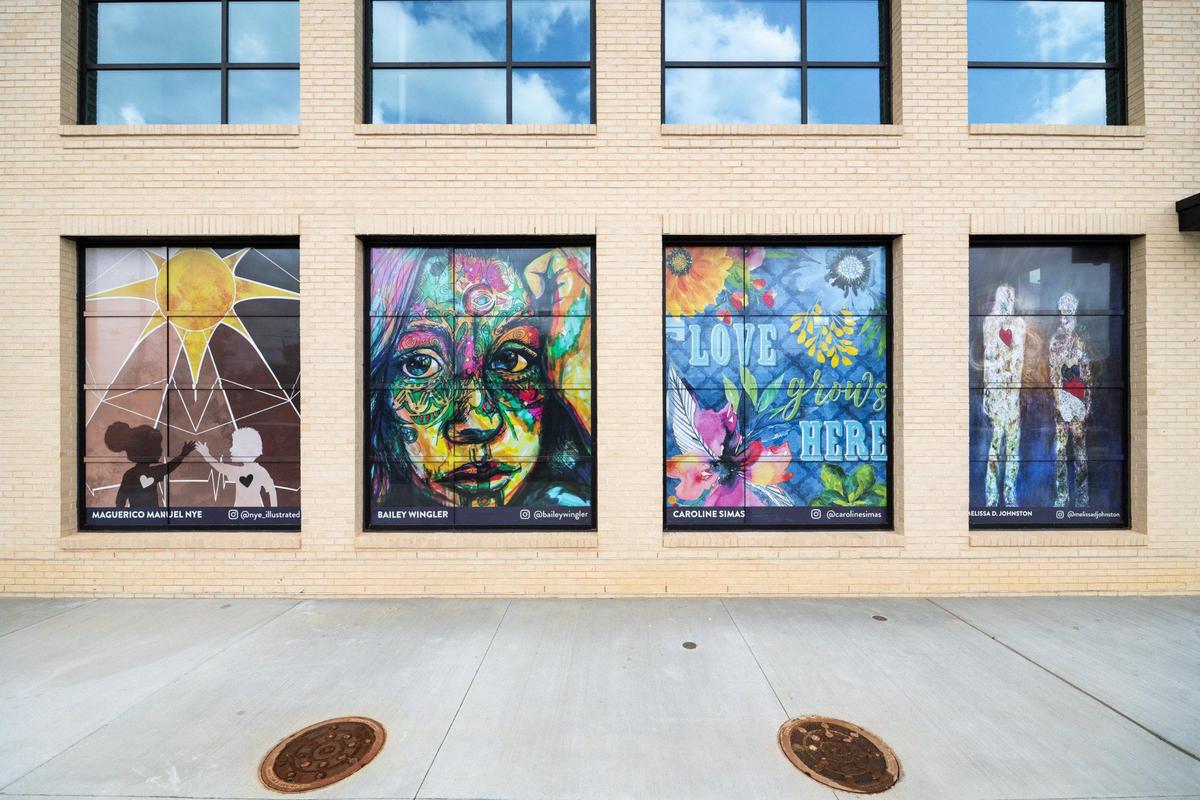 Windows of Hope showcases multiple artists. Shown from left are works from Maguerico Manuel Nye, Bailey Wingler, Caroline Simas, Melissa D. Johnston.