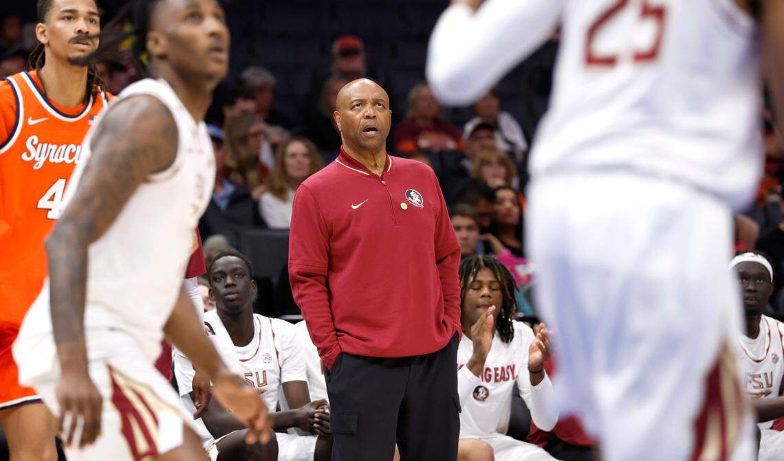 Florida State head coach Leonard Hamilton watches during the first half of Florida State’s game against Syracuse in the first round of the 2025 ACC Men’s Basketball Tournament at the Spectrum Center. in Charlotte, N.C.,Tuesday, March 11, 2025.