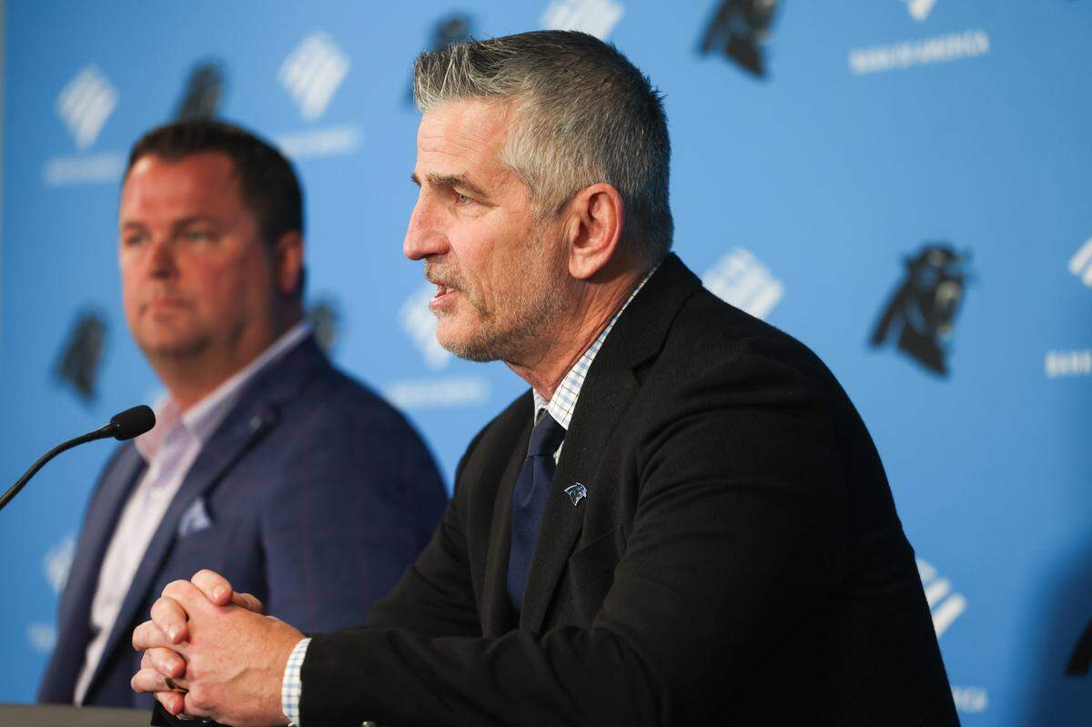Head coach Frank Reich, front, and general manager Scott Fitterer, speak to media about their first round draft pick, quarterback Bryce Young, in the NFL Draft on Thursday, April 27, 2023.
