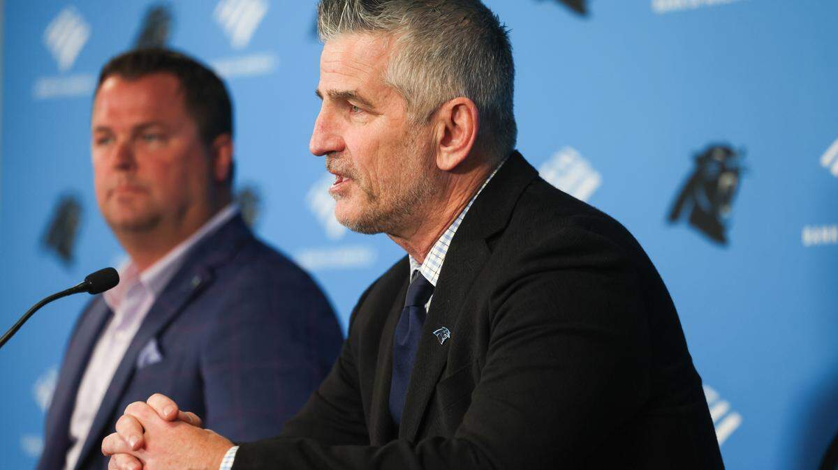 Head coach Frank Reich, front, and general manager Scott Fitterer, speak to media about their first round draft pick, quarterback Bryce Young, in the NFL Draft on Thursday, April 27, 2023.