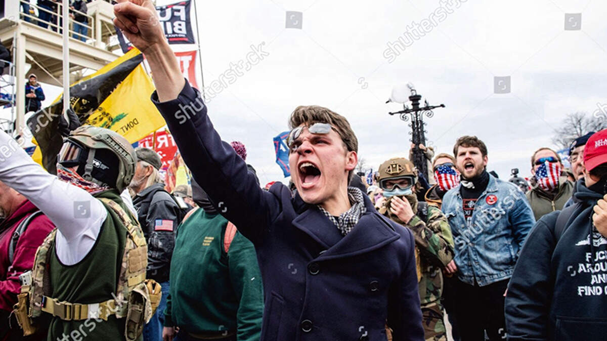 Matthew Wood yelling and pointing towards the Capitol on Jan. 6, 2021, will serve a year of home detention and three years probation, a judge ruled on Monday. Photo courtesy of the U.S. Justice Department