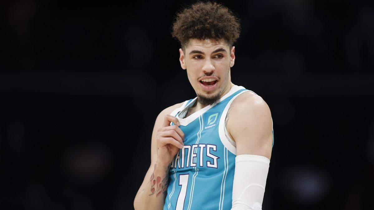 Feb 15, 2023; Charlotte, North Carolina, USA; Charlotte Hornets guard LaMelo Ball (1) stands on the court during the first half against the San Antonio Spurs at Spectrum Center. Mandatory Credit: Nell Redmond-USA TODAY Sports