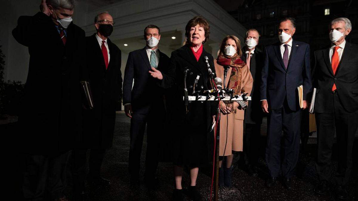 Sen. Susan Collins, R-Maine, speaks Feb. 1 after 10 GOP senators met with President Joe Biden and Vice President Kamala Harris to discuss a coronavirus relief package. On Friday, the Democrats’ $1.9 trillion package was poised for passage in the House. Republicans have lined up against it, calling it overpriced and wasteful.