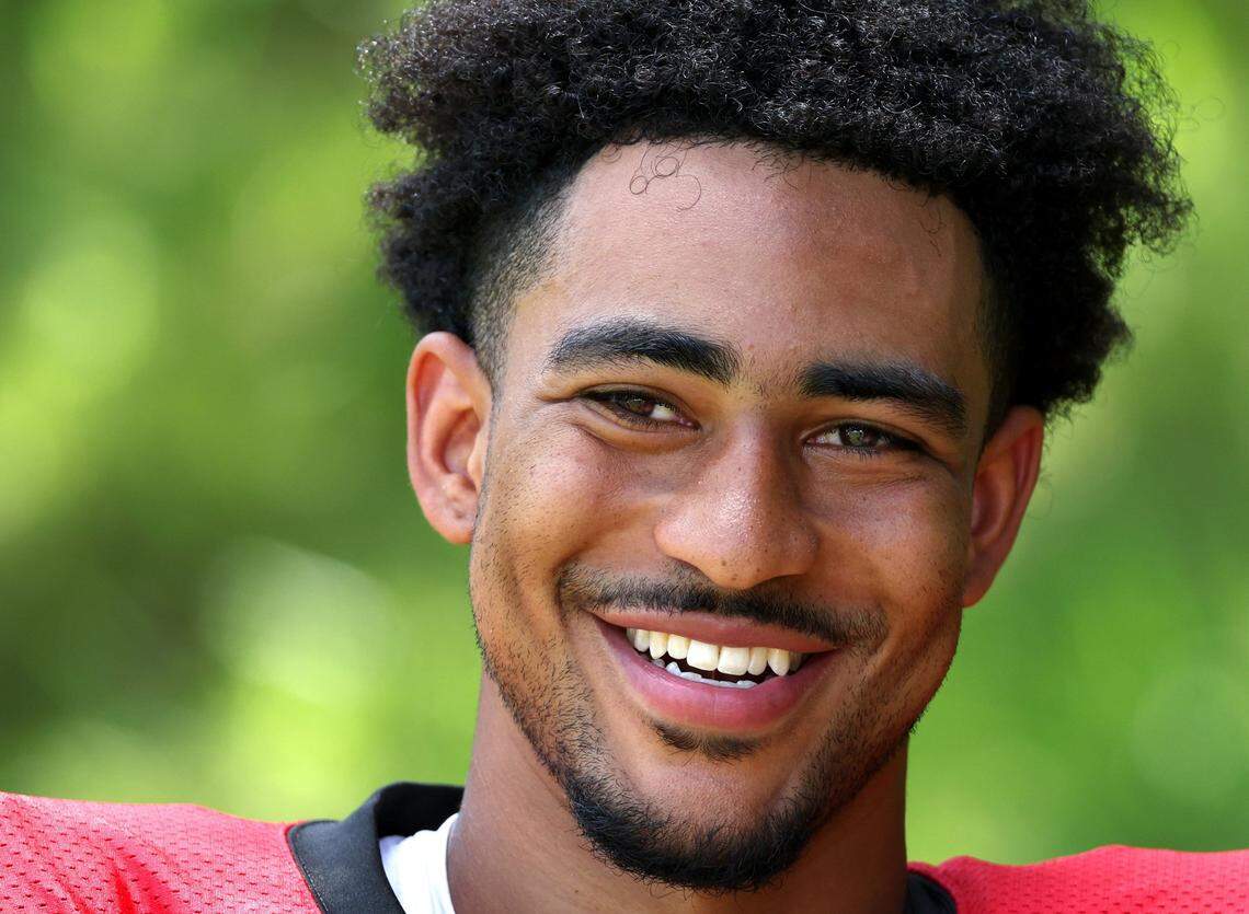 Carolina Panthers quarterback Bryce Young following the team’s joint practice with the New York Jets on Wednesday, August 9, 2023 at Wofford College in Spartanburg, S.C.