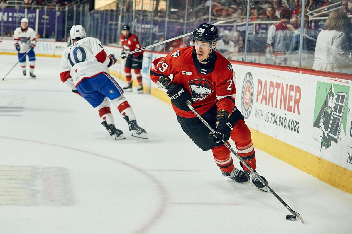 Winger Sandis Vilmanis carries the puck through the defensive zone during Sunday’s 5-1 win against the Laval Rockets in Sunday’s Game 3 of the AHL’s Eastern Conference finals.