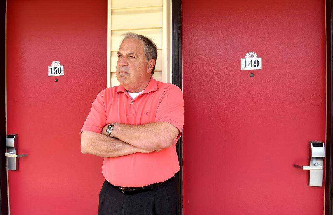 Mark Post in summer 2018, standing outside rooms 149 and 150 at a Best Western hotel, where he and other FBI agents questioned Rae Carruth’s friend, Wendy Cole, in 1999. Eventually Cole told them Carruth was in the trunk of her car