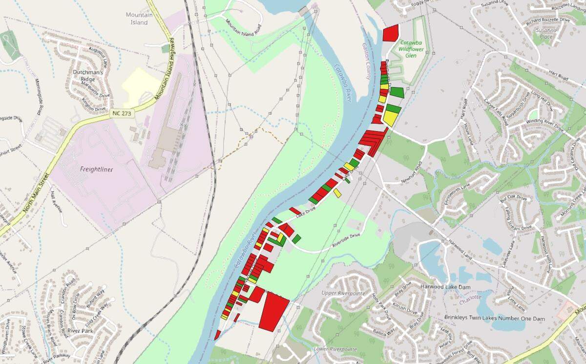 Mecklenburg County officials inspected about 100 properties along the Catawba River following the flooding from Helene. Most needed significant work (red) before power could be restored. Some needed moderate work (yellow). Others did not need any repairs (green).