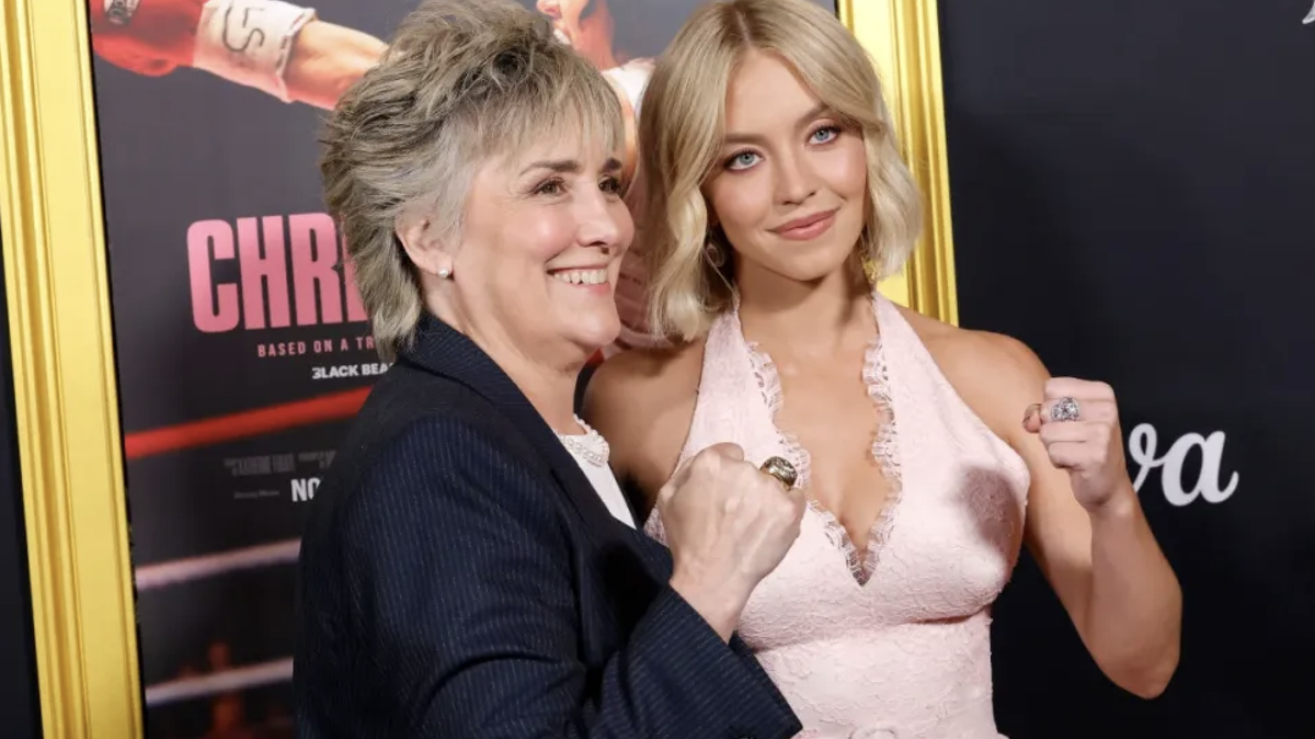 Christy Martin, left, poses at a red carpet event for the new movie “Christy,” which stars Sydney Sweeney, pictured at right.