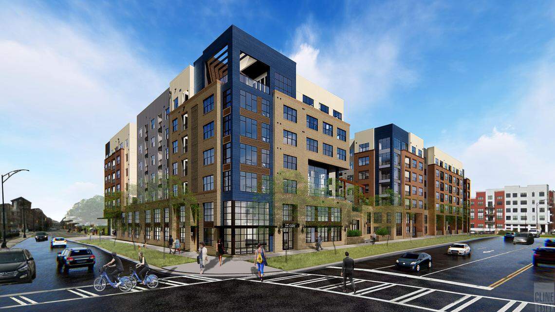 A rendering shows the Broadstone Queen City development by Alliance Residential at the corner of South Tryon and Morehead streets.