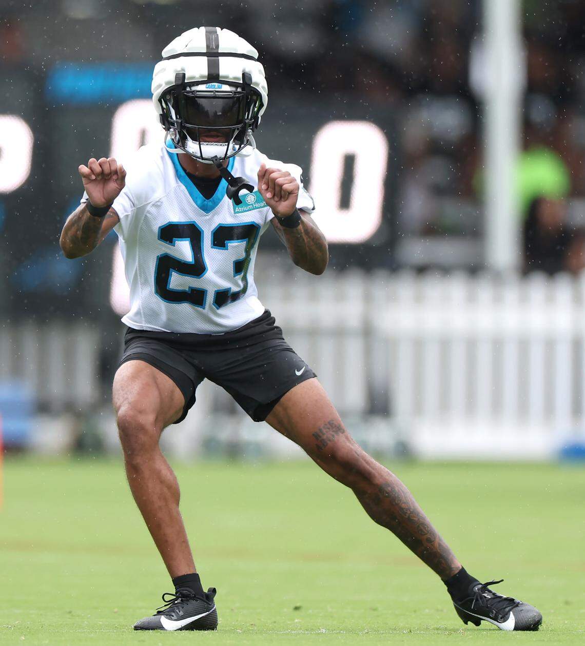 Carolina Panthers cornerback Dane Jackson works on his footwork during drills on Thursday, July 25, 2024.