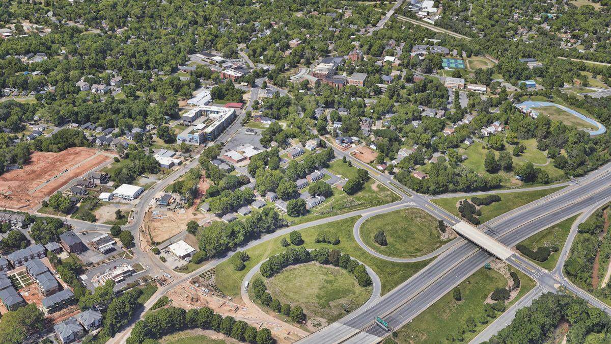 The existing Interstate 77 on- and off-ramps at West Trade Street. Officials are proposing reconfiguring them to free up more land for development.