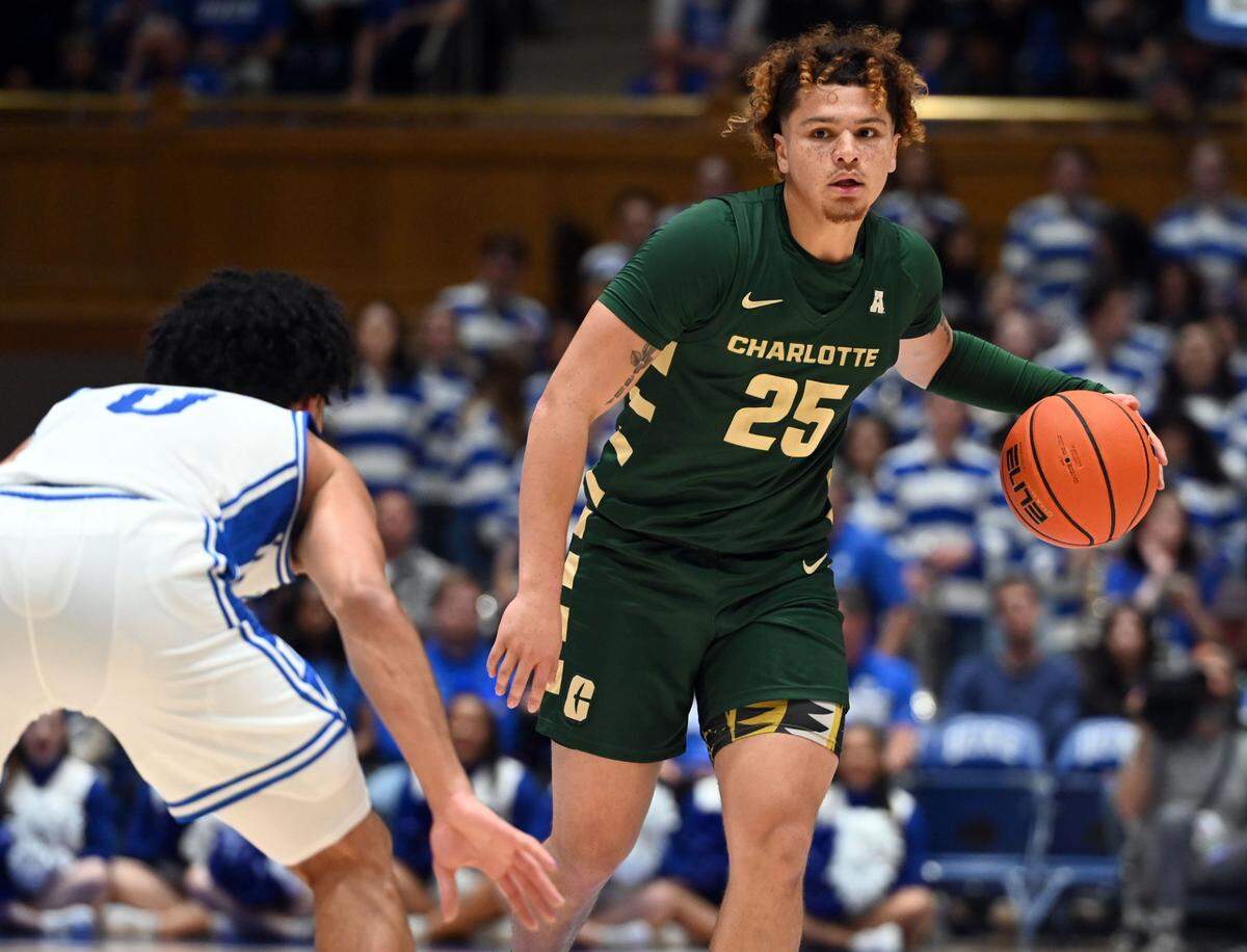 Charlotte 49ers guard Lu’Cye Patterson (25) looks to pass as Duke Blue Devils guard Jared McCain (0) defends during a December game. / Rob Kinnan-USA TODAY Sports